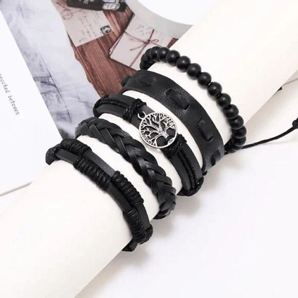 Tree of Life Hand Braided Leather Bead Unisex Bracelets - 5 Piece Set - Picture 3 of 5